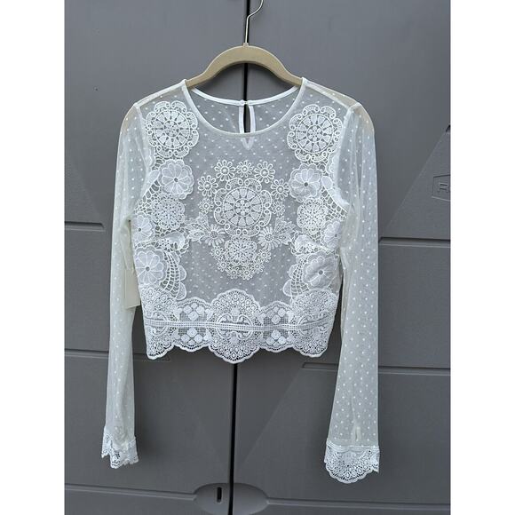 FOREVER 21 IVORY SHEER LACE CROCHET CASUAL TOP SZ Medium Coquette Festival - Picture 3 of 16